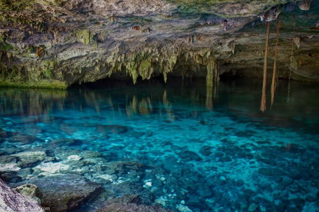 Eaux cristallines du Cenote Dos Ojos avec Triton Diving, présentant des stalactites impressionnants et la lumière naturelle du Mexique.