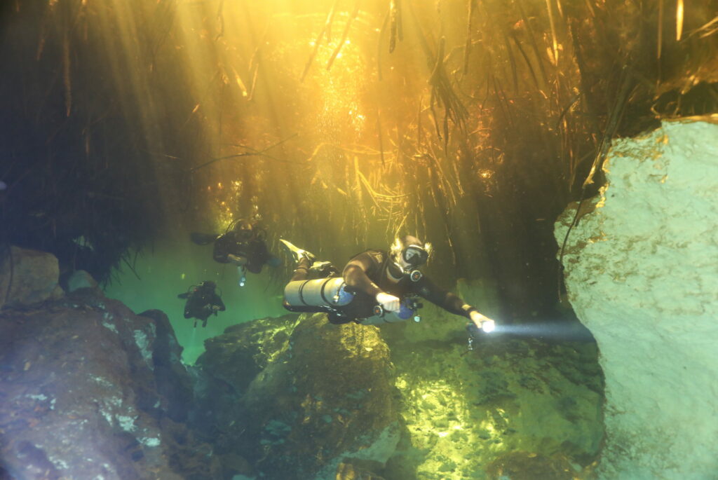 Amateurs de Triton Diving naviguant dans les eaux d'acide tannique de Casa Cenote, Mexique