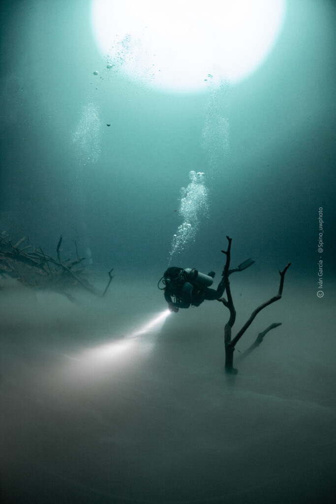 Diver explores the hazy underwater layers of Cenote Angelita with Triton Diving's guidance