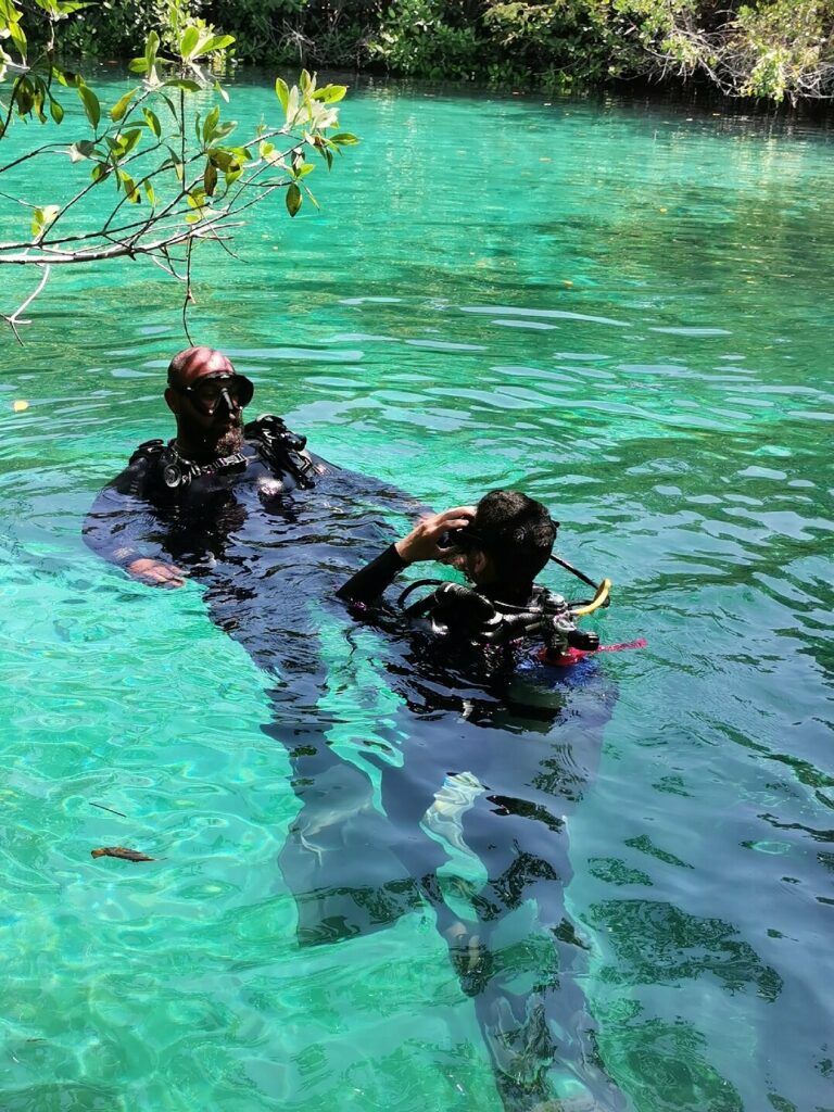 Plongeurs en équipement complet prêts pour une plongée dans un plan d'eau naturel cristallin entouré de verdure.