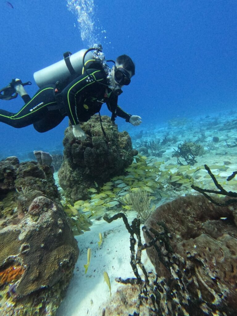 Plongeur équipé de Triton Diving naviguant habilement dans les récifs coralliens de la mer des Caraïbes
