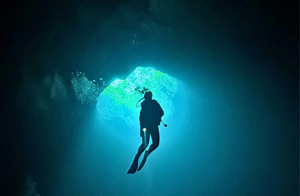Diver silhouetted in the blue light of Cenote Maravilla